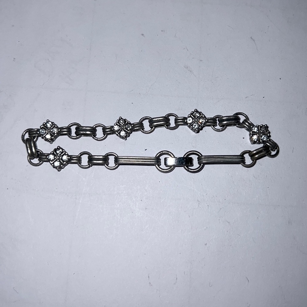 Antique silver and rhinestone bracelet w lever hook